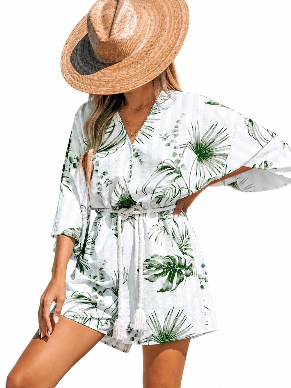CUPSHE Striped Leaf Print Tassel Romper NWT sz small